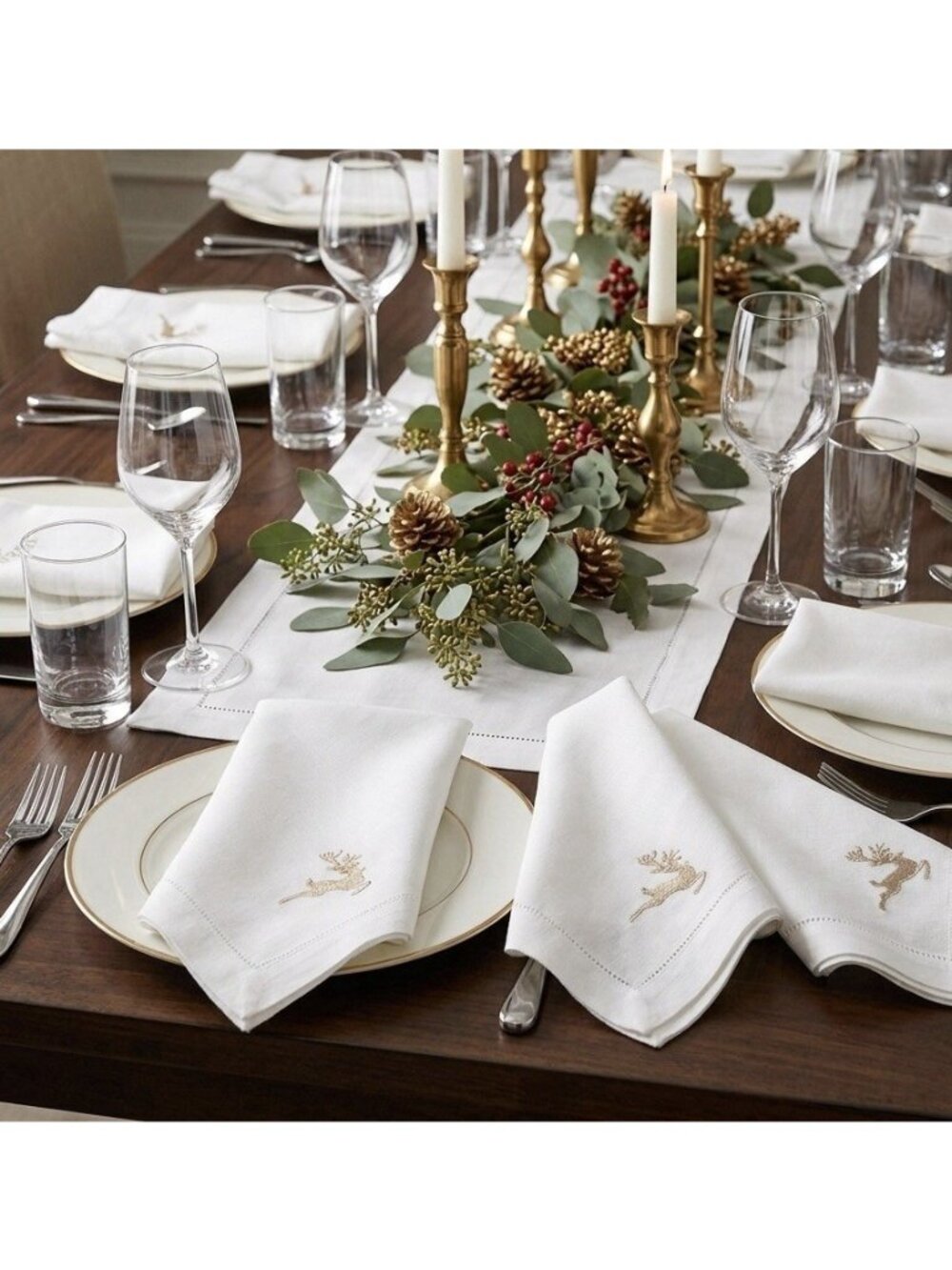 FRONTGATE Dinner Napkins‎ Cotton Linen Reindeer Set Of 6 Classic Holiday NWT
